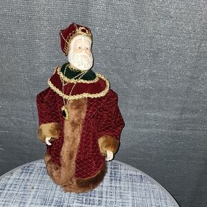 Vintage Elegant Burgundy/Brown Fur Coat & King Crown Santa Figurine/Tree Topper